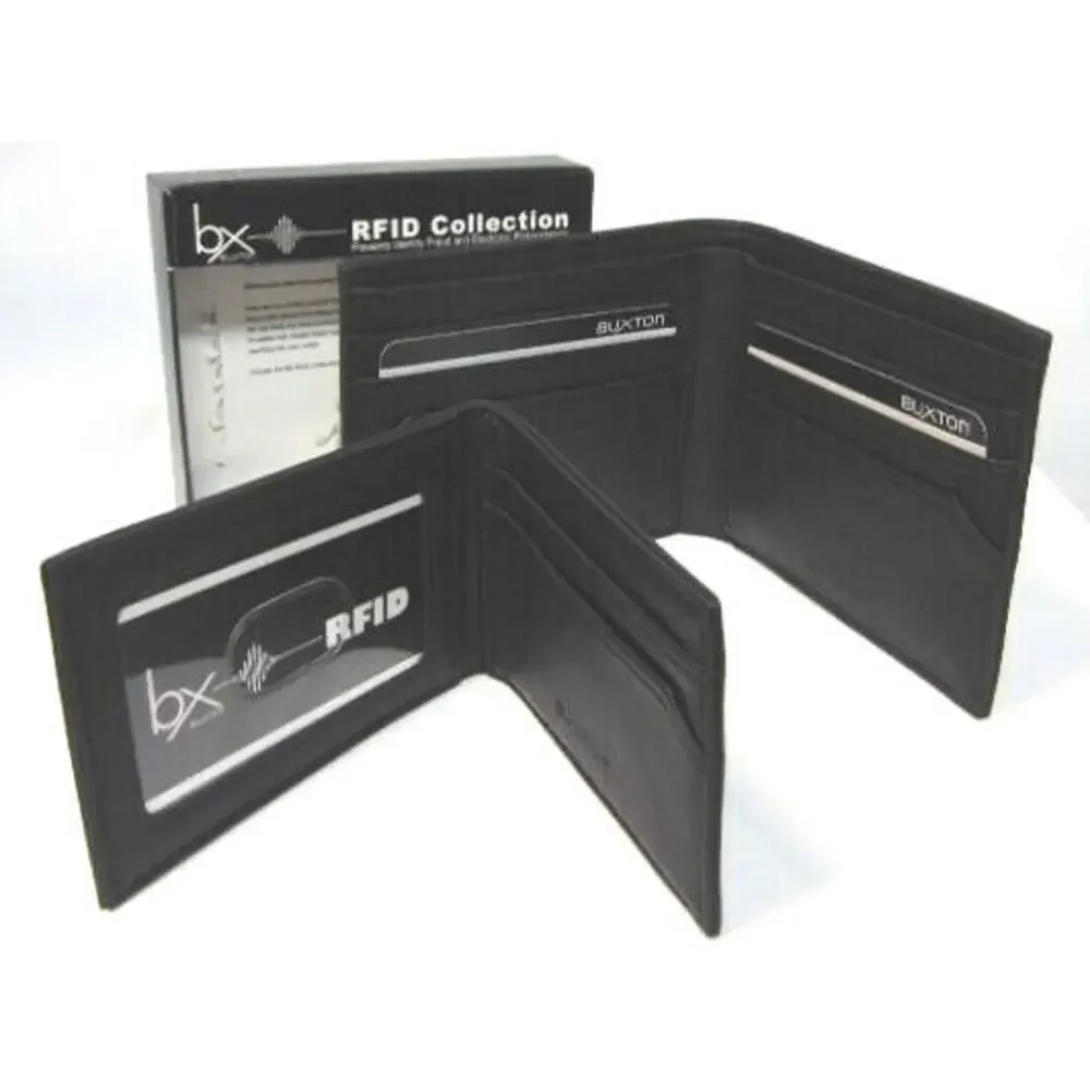 NEW Mens RFID Block BIFOLD WALLET + Removable PASSCASE Buxton Black Faux Leather